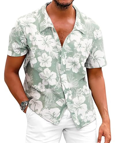 Fastkoala Hommes Chemise à Fleurs Hawaïennes Chemises Tropicales Plage Tops Holiday Summer Casual Button Down Vert XXXL