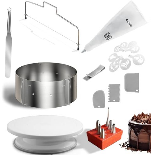 4smile Torten-Zubehör-Set 22 Teile - Tortenring verstellbar hoch 8,5 cm, Tortenschneider, Tortenplatte drehbar, Streichpalette, Teigkarte, Spritzbeutel mit Tüllen, Tortenschablone