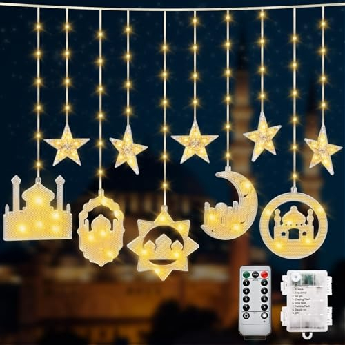 Herefun Ramadan Lichterkette, 4.8M Ramadan Deko Lichterkette Mond Sterne, Eid Mubarak Dekorationn LED Lampe mit 8 Blinkenden Modi & Fernbedienung, Ramadan Dekoration Fee Licht