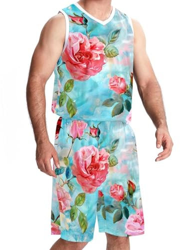 FNETJXF Basketballtrikot für Herren, personalisiertes Trikot, athletische Basketball-Trikots, pastorable rosa Rose, Blume, Vintage, Muster 956, XS