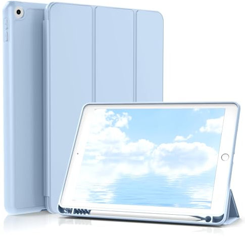 GKABXY Hülle für iPad 9./8./7. Generation mit Stifthalter 10.2 Zoll, Flexible TPU Rückseite, Ultradünne Schutzhülle für iPad 10.2, Auto Schlafen/Wachen, Hellblau