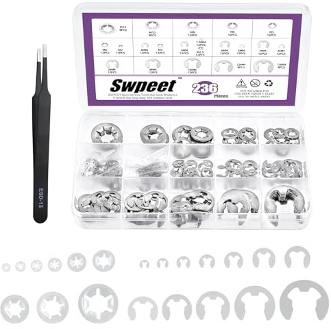 Swpeet 236Pcs 304 Edelstahl E-Clip und Innenzahn Sicherungsscheiben mit Pinzette Sortiment Kit, Feder Push On Sicherungsmuttern Geschwindigkeit Clips Snap Ring E-Ring Sicherungsringe für Getriebe
