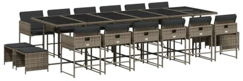 vidaXL Garten Essgruppe 17-TLG., Gartenmöbel Set mit Kissen, Gartengarnitur Tisch 12 Stühle 4 Hocker, Sitzgruppe Sitzgarnitur, Grau Poly Rattan