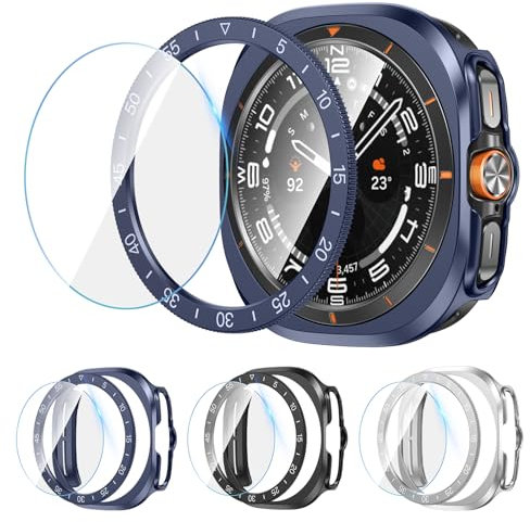 [3+3Pezzi] Kamita Custodia per Samsung Galaxy Watch Ultra 47mm, 3 Protezione Dello Schermo in Vetro Temperato+3 Duro PC Bumper Case +3 Anello Adesivo Cover per Galaxy Watch 7 Ultra (Nero+Blu+Argento)
