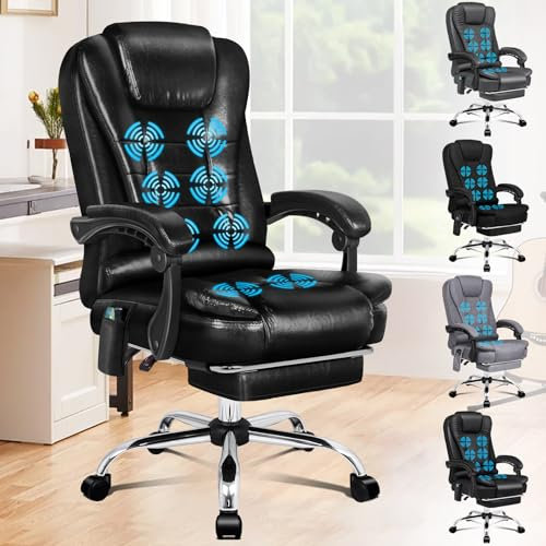 ALFORDSON Ergonomischer Bürostuhl, Schreibtischstuhl mit Wärmemassagefunktion, PU-Leder-Computerstuhl mit gepolsterten Armlehnen und weicher Kopfstütze, Drehstuhl mit Rollen, Schwarz, Kunstleder