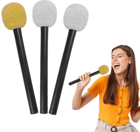Fake Microphone,3 PCS Toy Microphone,Fake Microphones Toy,Microphone Prop Glittered Microphone Gold Silver Toy prop Microphone Pretend Rock Star Microphone Toy for Disco Costume Birthday Party Favors
