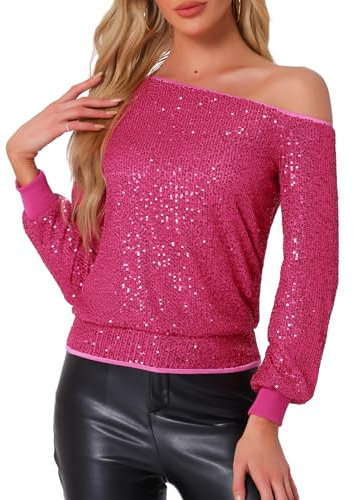 Allegra K Chemisier à Paillettes Femme Blouse à Sequin à Épaules Dénudées à Manches Longues Top Brillant de Club Haut Scintillant de Soirée Rose Rouge XS