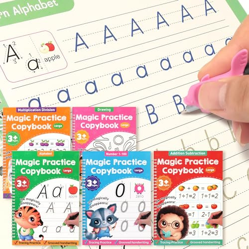 Helsort Quaderno di lavoro con scanalature magiche, grandi, confezione da 5, riutilizzabile, con penna magica, per imparare a scrivere numeri e lettere, per bambini dai 3 agli 8 anni, calligrafia