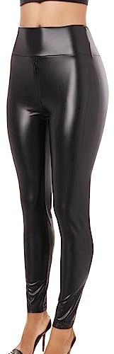 Generisch Lederleggings Damen Latex Leggings Lederhose Ouvert mit Reissverschluss Rave Hose Schwarz Lederoptik XS High Waist Kunstleder Matt