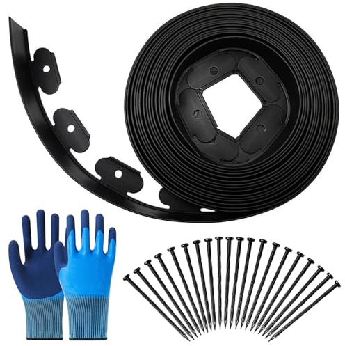 Bordure Jardin Exterieur en Plastique 10M - Bordure de Jardin Flexible Hauteur 5cm - avec 1 Paire de Gants et 50 Ongles - Noir