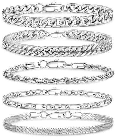 VARKAGE 5 Stück Edelstahl Armband Herren, Armband Silber Herren, Armkette Herren für Männer Ihn Vater Freund Ehemann