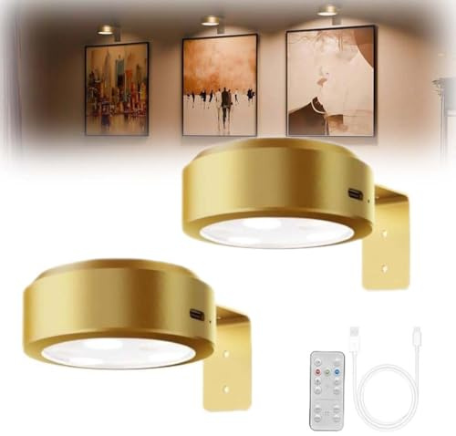 2PCS Picture Lights for Wall, Bildbeleuchtung Kabellos, Akku Wandleuchte Innen, Magnetisch Bilderrahmen Licht, Wandleuchte Kabellos mit Fernbedienung, LED Wandlampe mit 3 Farbtemperaturen (Gold)