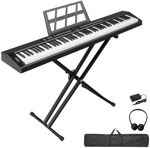 LALAHO E-Piano 88 Tasten Halbgewichteten, Klavier Digital Piano für Anfänger, Full Size Keyboard Piano mit Doppelrohr-X-Ständer, Sustain-Pedal, Notenständer, Kopfhörer, Bluetooth MIDI, Schwarz