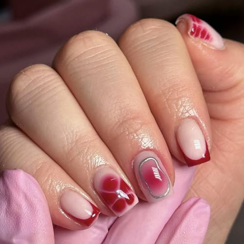 24Pcs Press On Nails - Square Fake Nails with Glue Full Cover - False Nails Tips Set with Glue & DIY Tools - For Women Girls Removable False Nails Art (French Red with Petal)