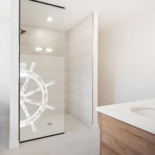 yabaduu Sichtschutzfolie für Duschkabine Duschglastüre Fensterfolie Blickdicht Milchglasfolie wasserfest Deko Klebefolie Badezimmer Dusche selbstklebend YX001 (13 Steuerrad Weiß, 100 x 100cm)