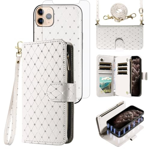 Asuwish Compatible with iPhone 11 Pro 5.8 Wallet Case Zipper Cell and Screen Protector Crossbody Lanyard Strap Glitter Flip Card Holder Phone Cover for iPhone11pro iPhone11 i XI 11s 11pro Women White