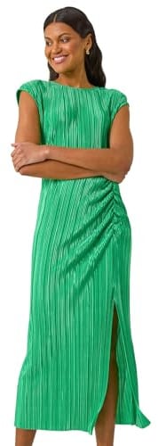 Roman Originals Plisse Cowl Back Midi Dress for Women UK - Ladies Everyday Holiday Spring Summer Round Neckline Comfy Soft Evening Vacation Work Party - Green - Size 16