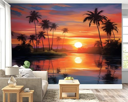 Selbstklebende Tapete Palme Sonnenuntergang Wandbilder, Vlies Fototapete mit Ozean Tropischer Dschungel Motiv, 3D Effekt Wandtapete Deko, Abziehen & Aufkleben, 100x70 cm - F-8