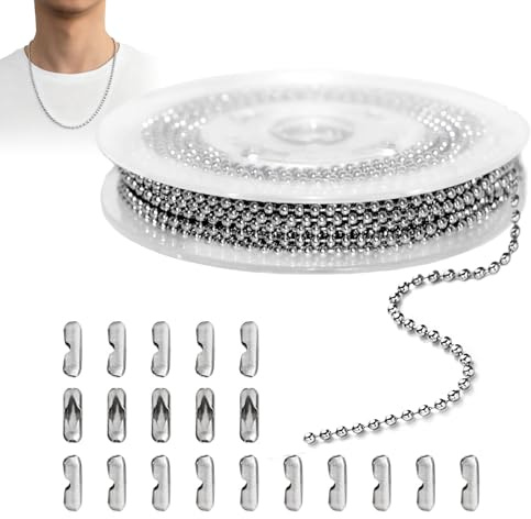 poraceous 2 Stück Perlen-Rollenkette mit 10 M Kugelkette, Edelstahl Perlen Rollenkette, Kugelkette Edelstahl Perlen, Perlen-Rollenkette Silber, für DIY Schmuckherstellung Tags Kette Schlüsselanhänger