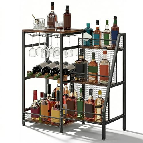 Zertylre 5-Tier Abgestufte Liquor Cabinet Mini Bar, Freistehendes Weinregal mit Geländer und Glashalter, Metall-Holz Flaschenregal für Wein, Ecke Liquor Flasche Display Regal für Bar Küche Esszimmer