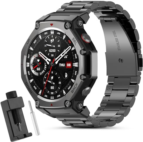 CHULN Correa Compatible con Amazfit T-Rex 3, Ajustable Metal Pulsera de Repuesto de Acero Inoxidable para Smartwatch.(No host)