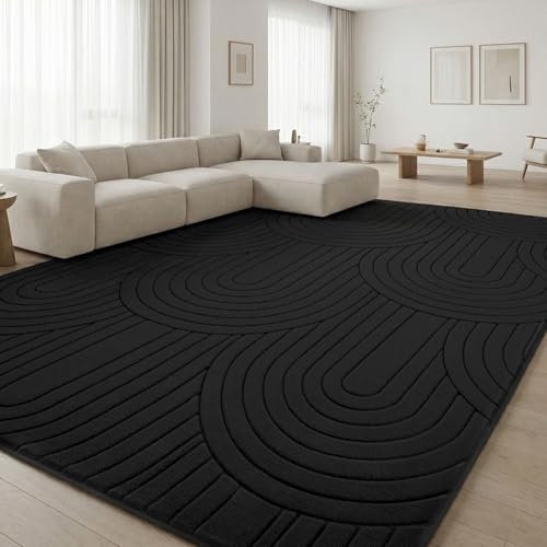 Treeboy Teppich Wohnzimmer 160X230 cm Großer Flauschiger Schwarz Teppiche | Kurzflor Carpet Modern Waschbar Kinder Teppiche Gegend mit Rutschmatte Schlafzimmer Kinderzimmer 3D Geometrisches Rug