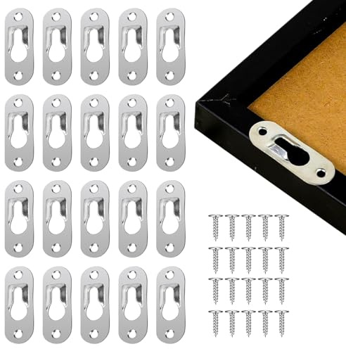 20 Pcs Single Keyhole Hangers, Metal Picture Hangers, Keyhole Hanging Plates, 45 X 16 mm Heavy Duty Picture Hanging Fasteners with 40 Pcs Screws for Furniture, Cabinet,Wardrobe,Mirror, Wall Art