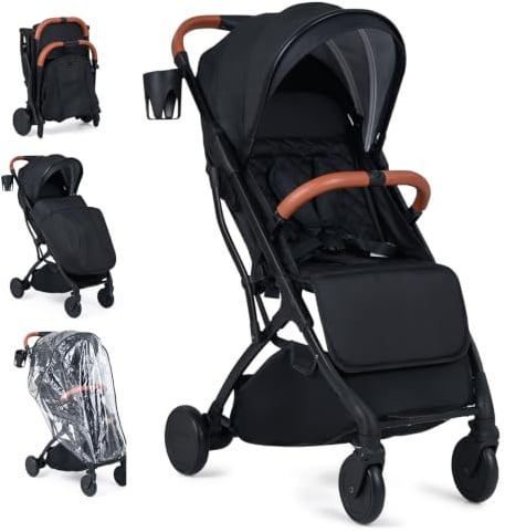 LIFEZEAL Poussette Légère pour Enfants de 0 à 3 ans, Poussette de Voyage Pliable avec Capote, Repose-pieds, Porte-gobelets, Panier de Rangement, Housse de Pluie, Jusqu'à 15 kg (Noir)