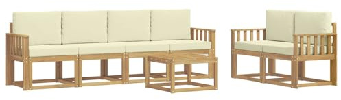vidaXL Outdoor-Sofagarnitur mit Kissen 7 pcs Weiß und Creme, Moderne Outdoor-Sofagarnitur, robuste Eckcouch, stylisches Gartenmöbel, Akazienholz, Bequeme Sitzplätze