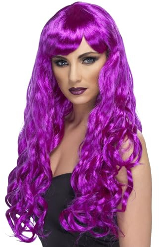 Smiffys Desire Wig, Purple Long, Curly with Fringe, Ladies Glamour Wigs Fancy Dress, Adult Dress Up Wigs