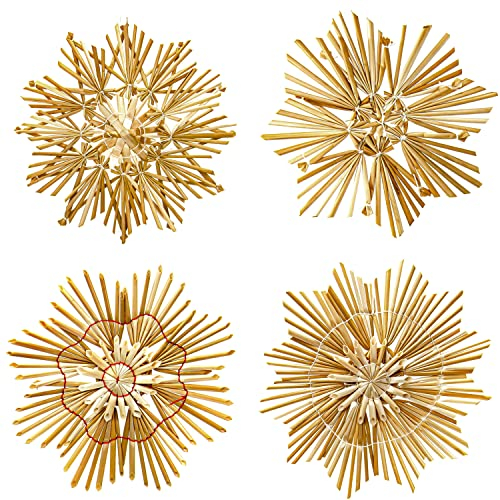 4er-Set große Sterne aus Stroh | Weihnachtsdeko Strohsterne Christbaumschmuck Baumbehang | Ø ca. 14,5 cm