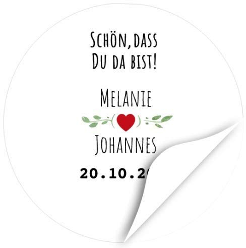 24 runde Design Etiketten zur Hochzeit personalisiert - Edel, schlicht mit rotem Herz - Schön, dass Du da bist mit Namen und Datum individuell Braut und Bräutigam - Hochzeits-Aufkleber