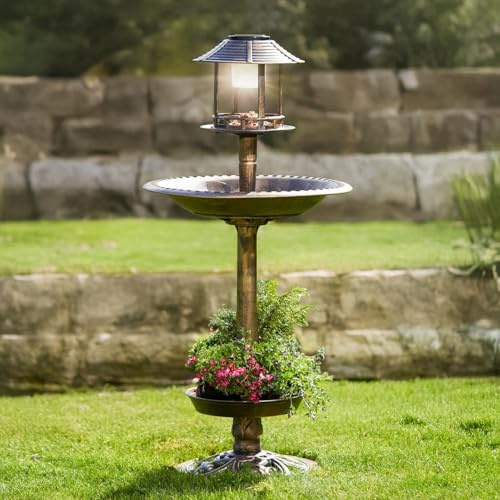HomeZone 4 in 1 Bird Bath with Solar Light & Feeder Large 107cm Garden Pedestal Bird Bath with Planter Bronze Effect Resin Bird Feeder Bath Solar Powered Garden Centrepiece Wild Bird Feeding Station