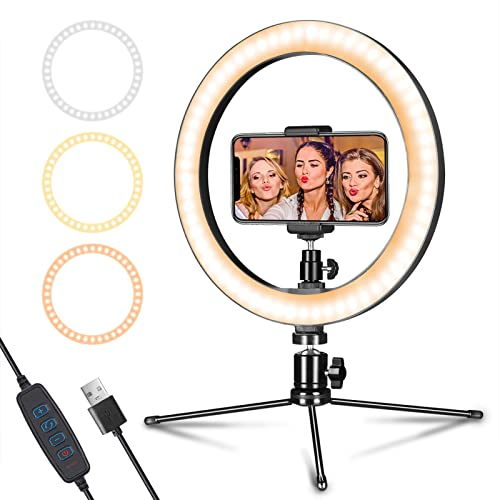 AIXPI LED-Ringlicht 10 mit Stativ und Telefonhalter für Live-Streaming und YouTube-Videos, dimmbares Schreibtisch-Make-up-Ringlicht für Fotografie, Aufnahmen mit 3 Lichtmodi und 10 Helligkeitsstufen