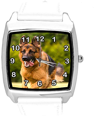 TAPORT® Quarzuhr weiß Lederband Quadrat mit Deutscher Schäferhund