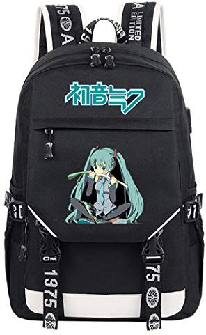 WANHONGYUE Hatsune Miku Anime Cosplay Rucksack Schultasche Laptop Backpack mit USB-Ladeanschluss Schwarz / 26