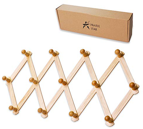 Prairie Star Wandgarderobe aus Holz, erweiterbar, Akkordeon-Design, 13 Haken, Aufbewahrungskappen, Hüte, Schals, Tassen, Handtücher, Regenschirm-Zubehör