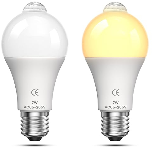 Bonlux 7W E27 PIR Infrarot-LED-Lampe mit Bewegungsmelder EIN/AUS Automatisch A60 220V 700lm äquivalent 70W Halogenlampe für Treppenhaus Garage(2Pcs, Warmweiß 2700K)