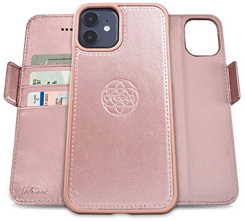 dreem Fibonacci 2-in-1 Wallet Case for Apple iPhone 12 Mini - Luxury Vegan Leather, Magnetic Detachable Shockproof Phone Case, RFID Card Protection, 2-Way Flip Stand - Rose