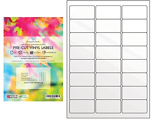 EVG Mehrzweck-Etiketten, A4, glänzend, Vinyl, PVC, vorgeschnitten, wasserdicht, selbstklebend, für Tintenstrahldrucker, 3 x 8 (24 pro Blatt), 10 Blatt