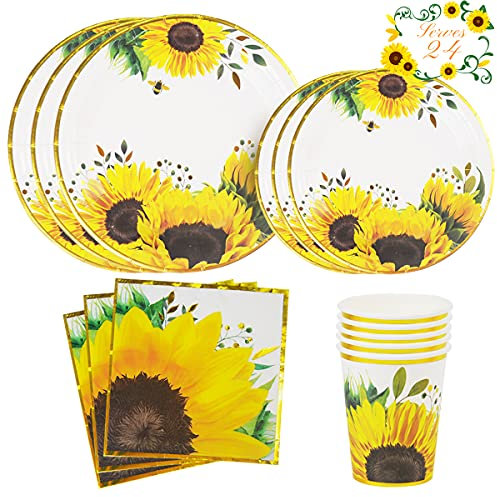 YARA Sunflower Party Decorations Tableware Set with Paper Plates, Cups & Napkins | Daisy Party Supplies For Birthday, Baby Shower, Bridal Shower & Fall Wedding Decor | Serves 24