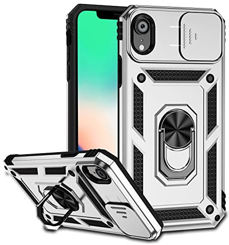 Hitaoyou iPhone XR Case with Camera Cover, Kickstand, Military Grade Heavy Duty Protection, Silver