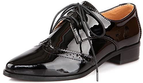 Lizoleor Donna Ufficio Lavoro Classico Appuntito Cordoncino Vernice Richelieu Scarpe Casuale Block Tacco Medio Pump retrò Scarpe Stringate Basse Business Scarpe Nero Numero 37 EU/38Cn
