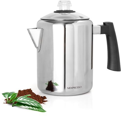 Mixpresso Estufa percolador de café de acero inoxidable, cafetera clásica de 37 onzas, excelente para olla de camping, cafetera de estufa de 5 a 8 tazas, mango de tacto frío