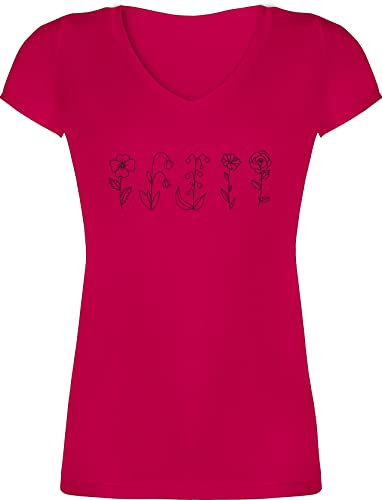 T-Shirt Damen V Ausschnitt - & Pflanzen - Blumen Lineart schwarz - L - Fuchsia - Pflanze Plant Plants Garten Blume Aesthetic Flowers hobbygärtner pflanzenliebhaber Braut gartenliebhaber Lover
