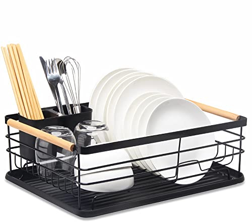 BTGGG Dish Drainer Rack with Removable Drip Tray, Metal Kitchen Dish Drying Rack Organiser with Wooden Handles, Dish Rack, Dish Drainers, Black, 43 x 30.5 x 14 cm