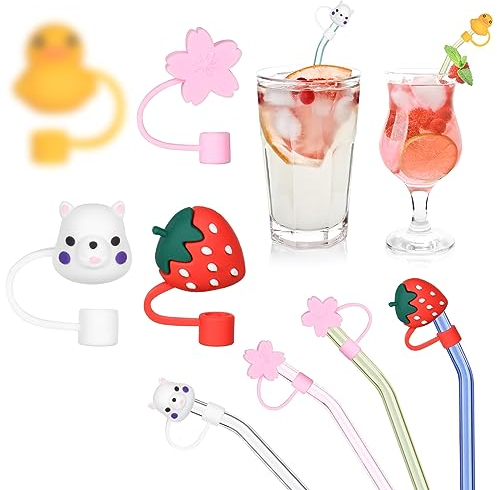 AUAUY 4 Stück Entzückende Silikon Strohhalm Abdeckung, Wiederverwendbare Trinkhalm Straw Stopper, Staubdicht Tragbare Strohkappen Abdeckungen, Strohstopfen für Dekor 7-8mm Strohhalme (2 Tiere+2 Schön)
