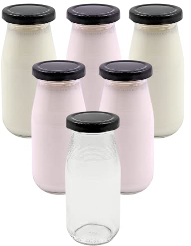 Devitre 6er Set Milchflasche 283 ml Glasflasche mit schwarzem Deckel + Etiketten