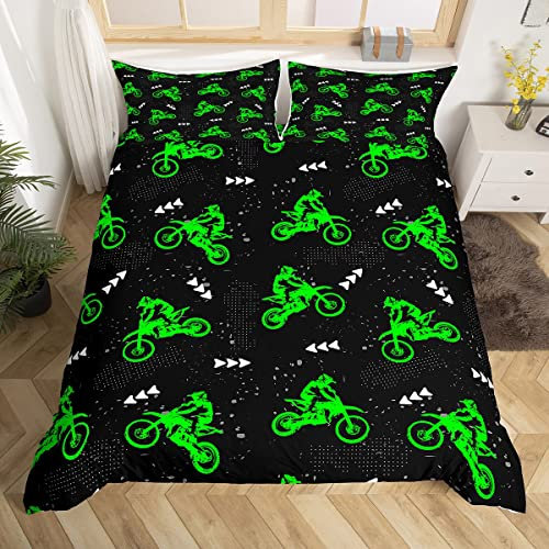 Loussiesd Jungen Dirt Bike Bettwäsche Set Cool Sport Bettbezug Set für Kinder Jungen Motocross Rider Bettwäsche Fluoreszierend Grün Fahrrad Bettwäsche Single Teenager, 1 Bettbezug und 1 Kissenbezug