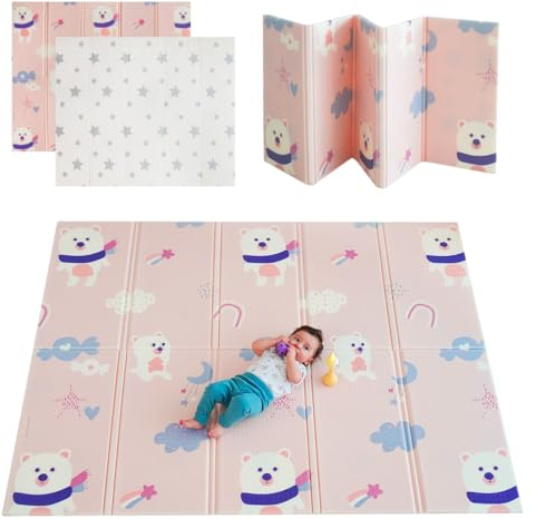 MIKMEL Spielmatte für Babys und Kinder, Faltbare Krabbeldecke, Wasserdichte Krabbelmatte aus Schaumstoff, Kindermatte zum Lernen, Tragbar Rutschfest, Doppelseitige Schaum Matte (Bären/Sterne)